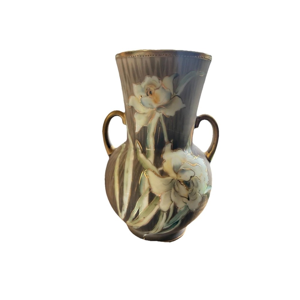 Vintage Hand Painted Nippon Vase Gold Gilt Floral Double Handled Morimura M Mark